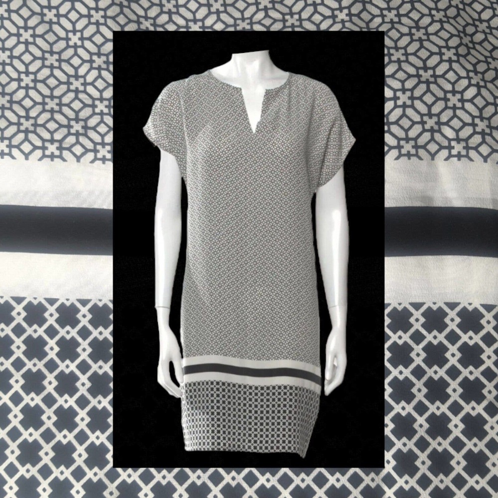 Small Cynthia Rowley 100% Pure Printed Silk Shift Dress Black White Spri…